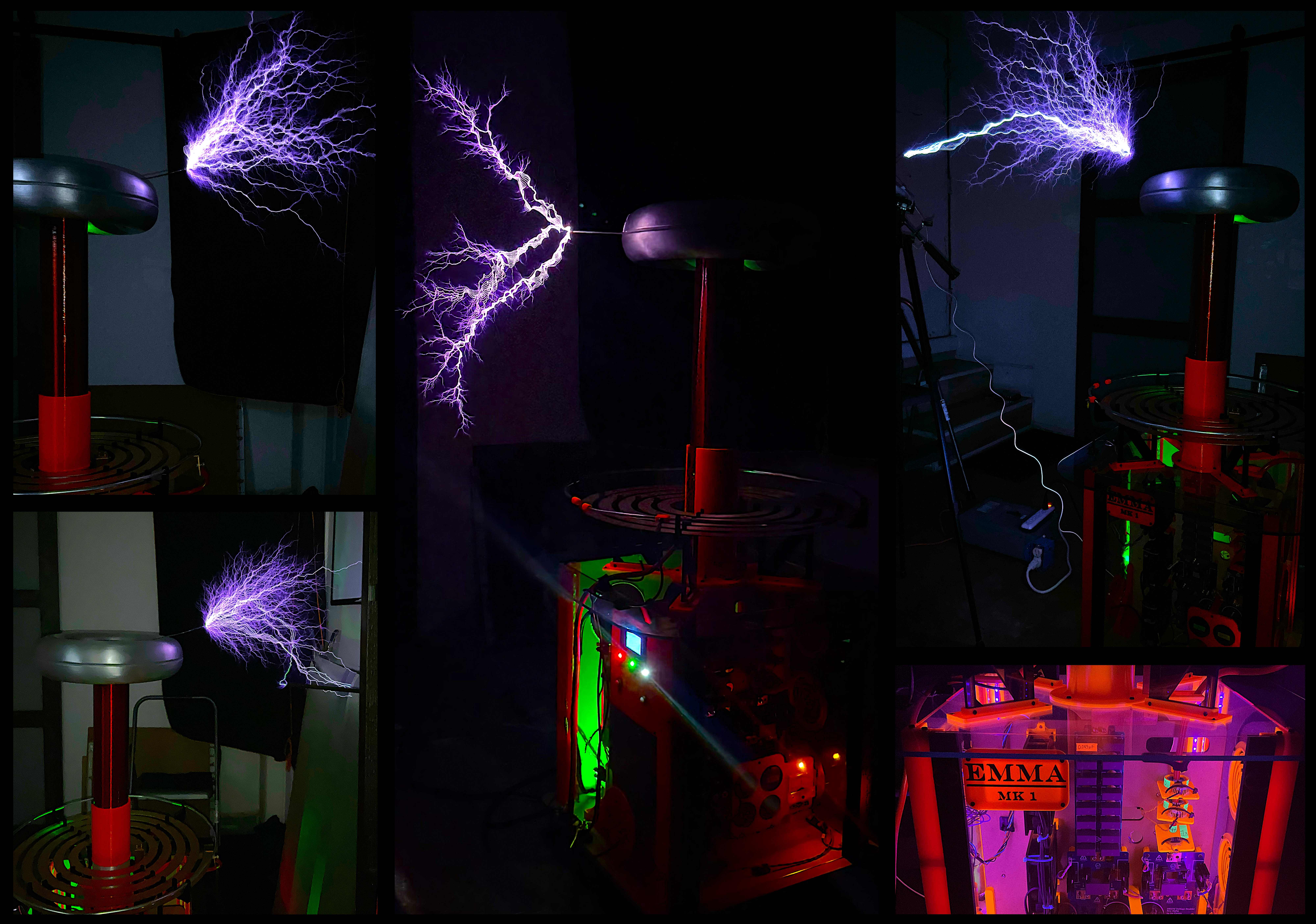 Collage of the Emma Mk1 DRSSTC firing purple streamer arcs from its toroid, with a close-up of the illuminated EMMA MK 1 enclosure
